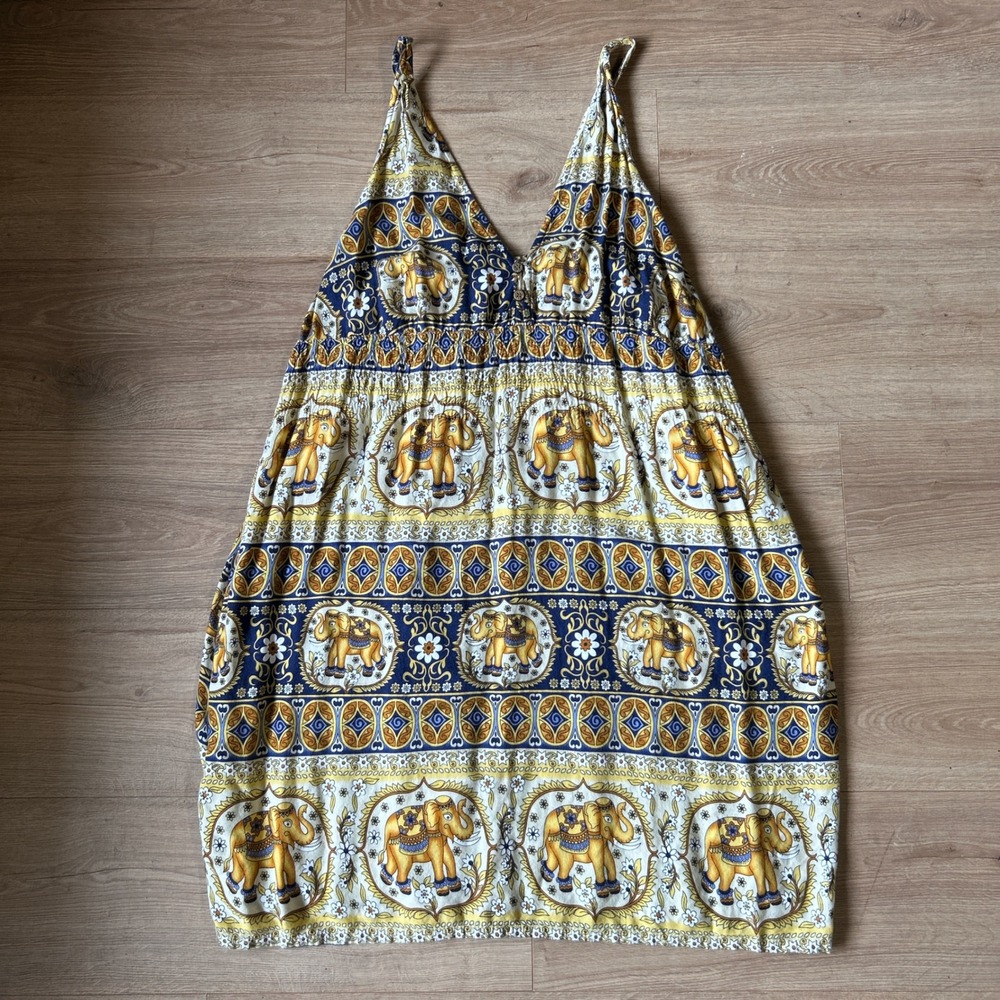NF Plus Size Thai Elephant Print Rayon Sundress Blue Yellow Boho Festival Dress